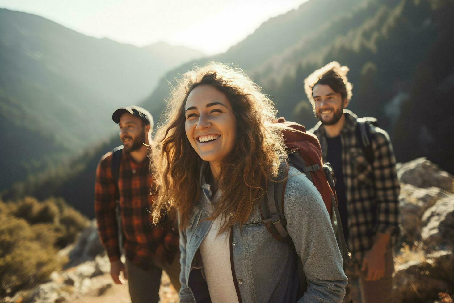 AI generated group of friends hiking in mountains, A group of friends hiking in the mountains in a day Ai generated photo