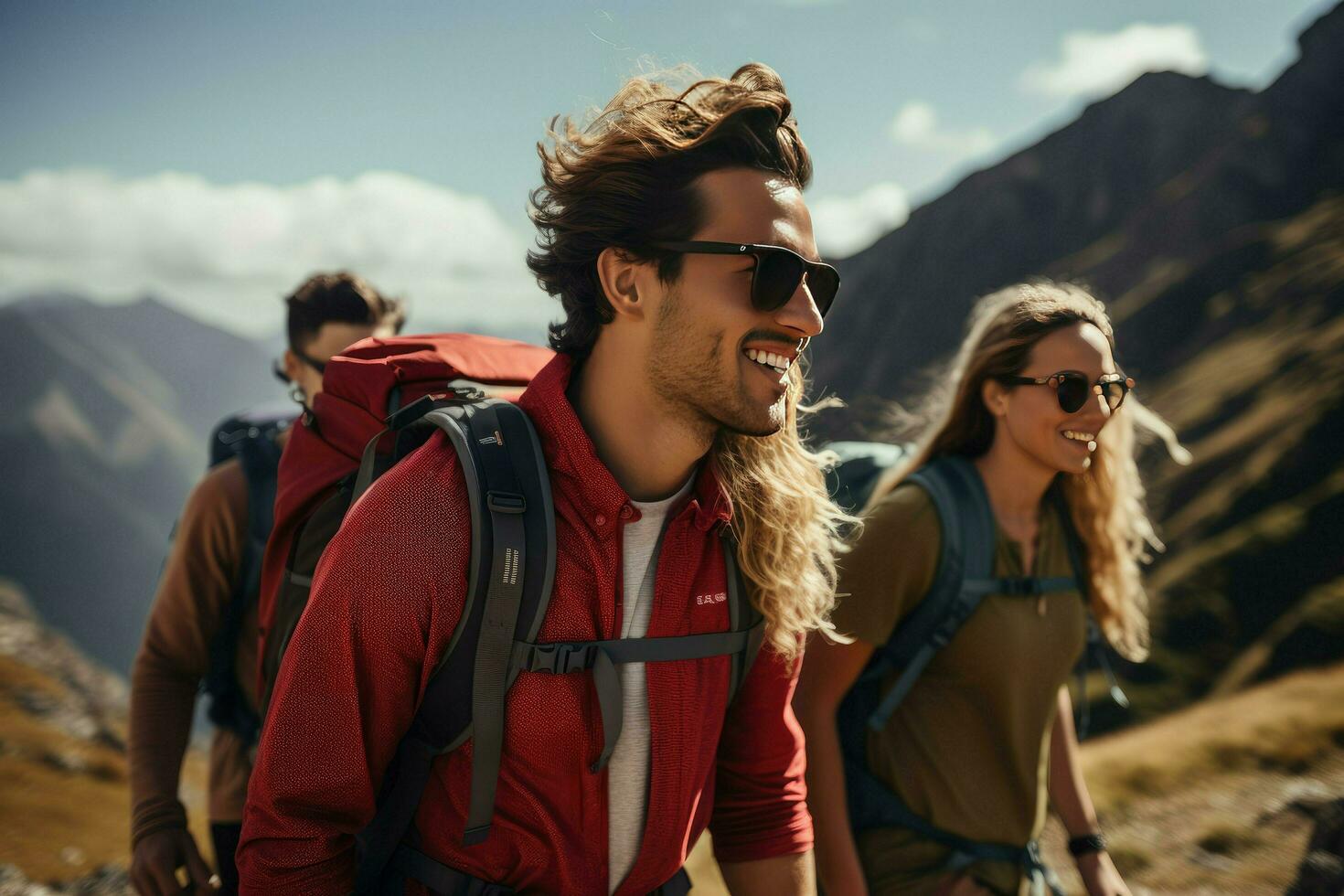 AI generated group of friends hiking in mountains, A group of friends hiking in the mountains at sunset Ai generated photo