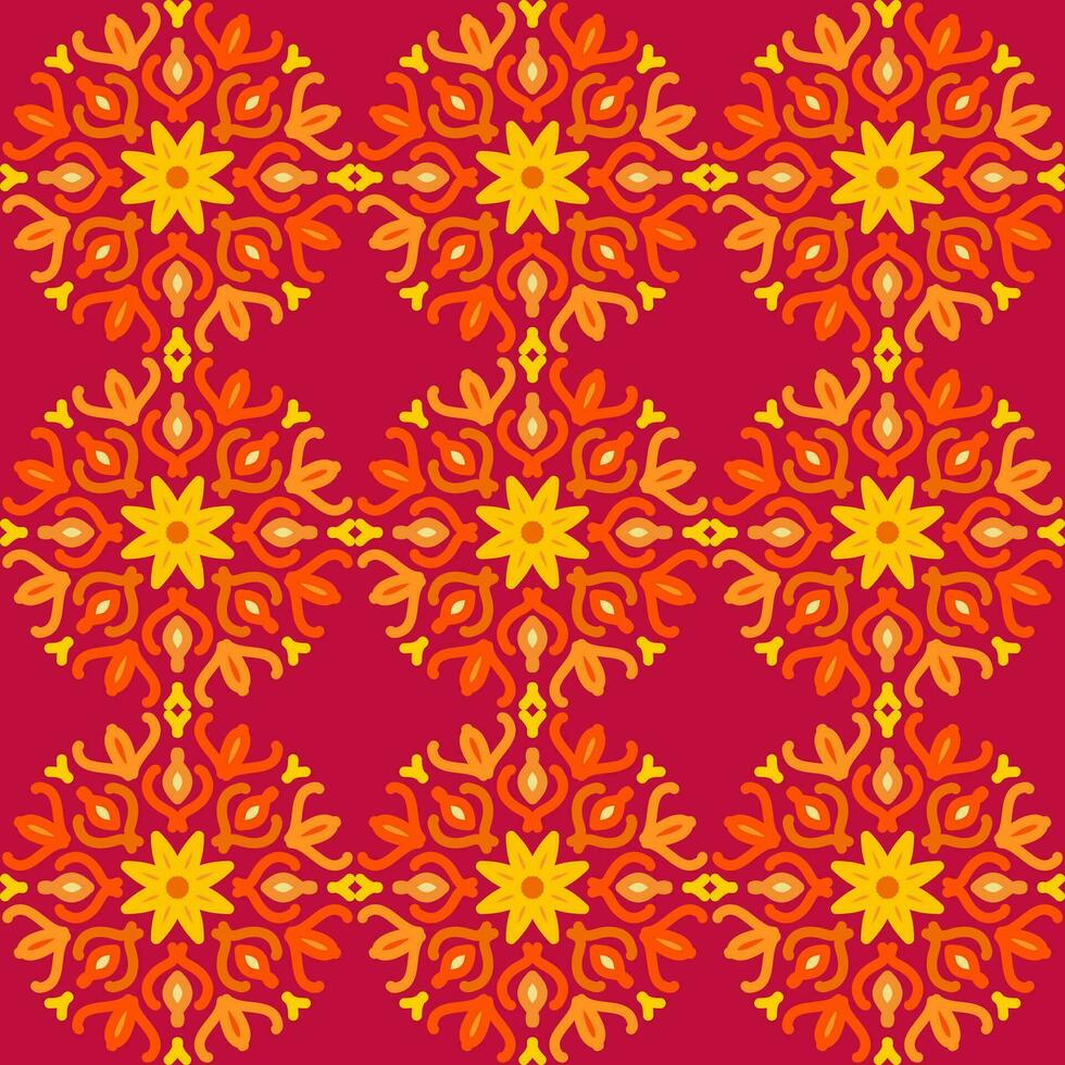 seamless pattern yellow red soft rose maroon vintage floral flower mandala interior flat design burgundy background vector illustration