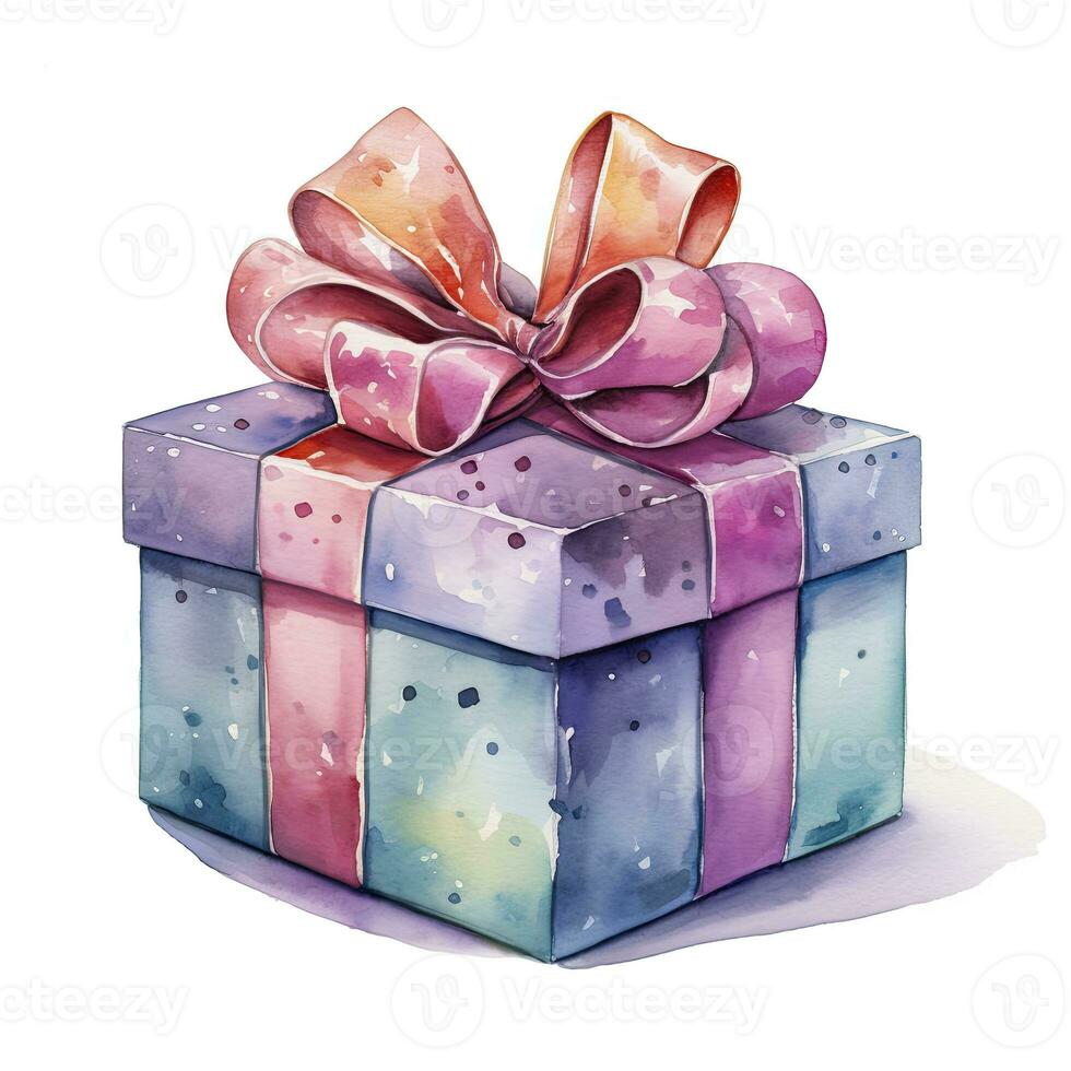 AI generated Watercolor birthday present with bow isolated on white background.  AI Generated photo