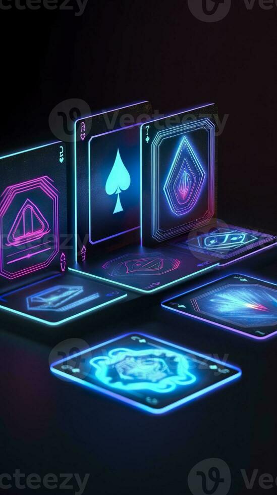 AI generated Some playing cards with glowing neon designs on a tablet. Generative AI photo