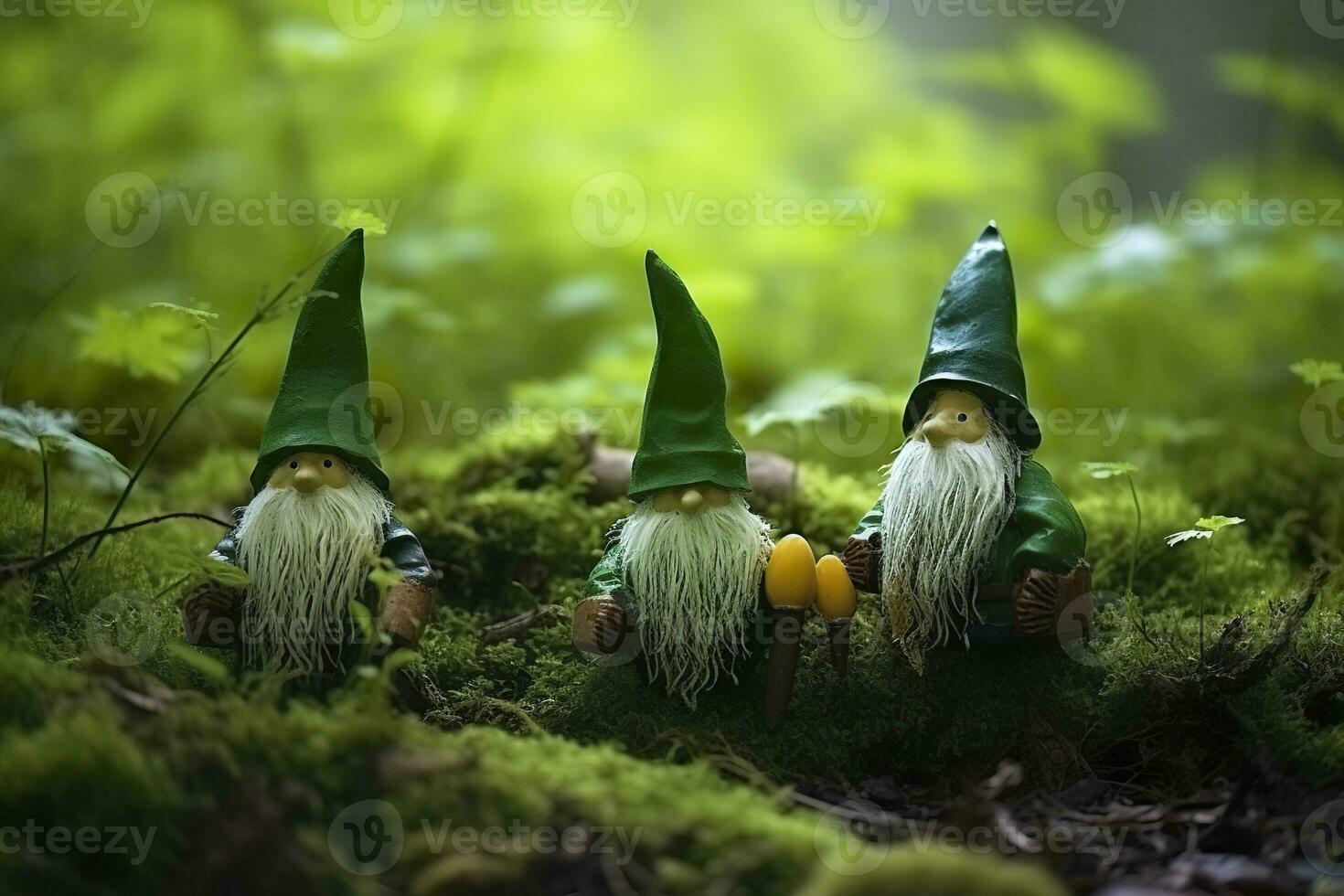 AI generated Toy Irish gnomes in a mystery forest, abstract green natural background. Generative AI photo