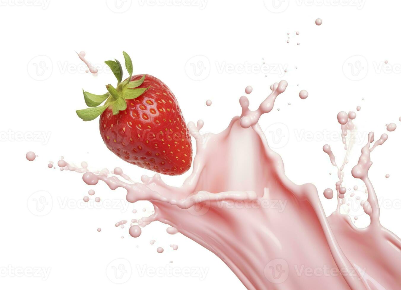 AI generated milk or yogurt splash with strawberries isolated on white background, 3d rendering. AI Generated photo