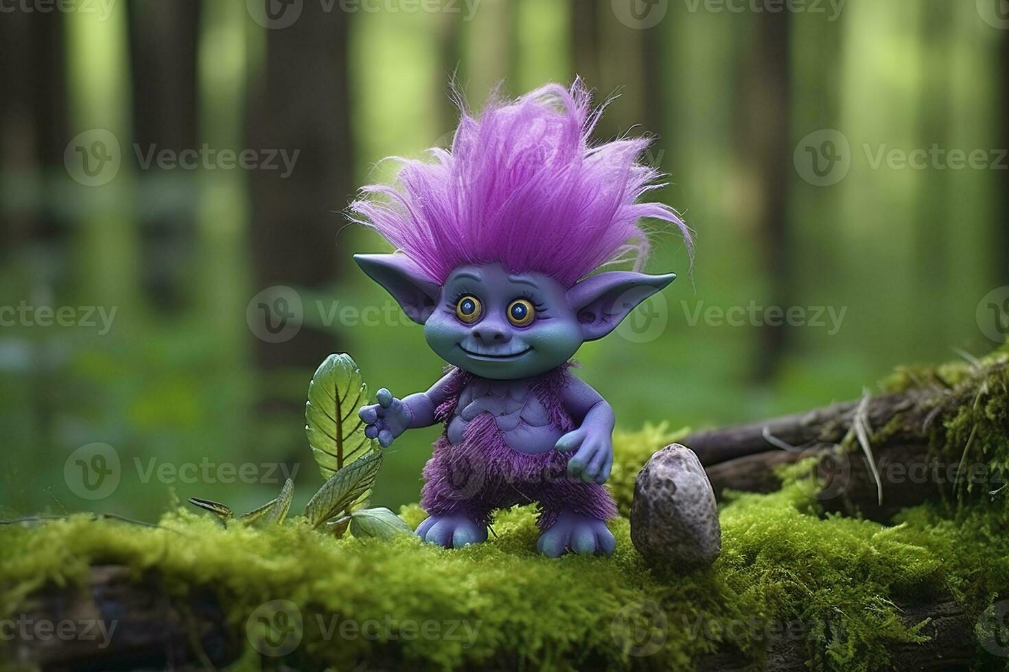 AI generated Tale troll with crystals in the forest, natural green background. Generative AI photo