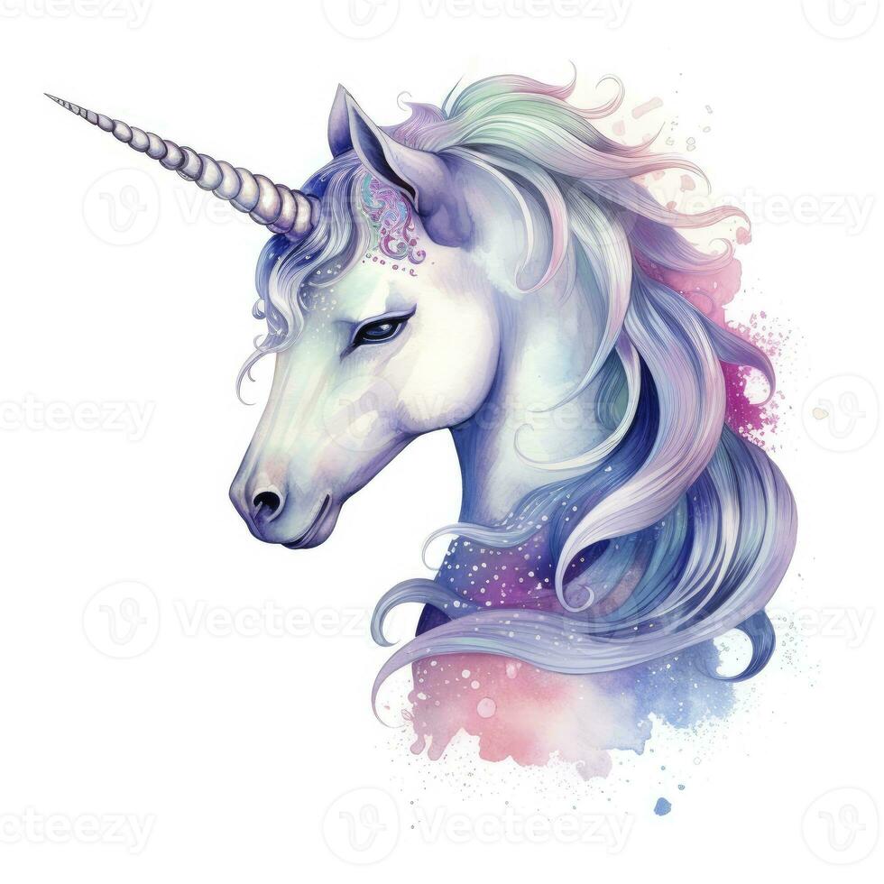 AI generated Watercolor fantasy unicorn clip art. AI Generated photo