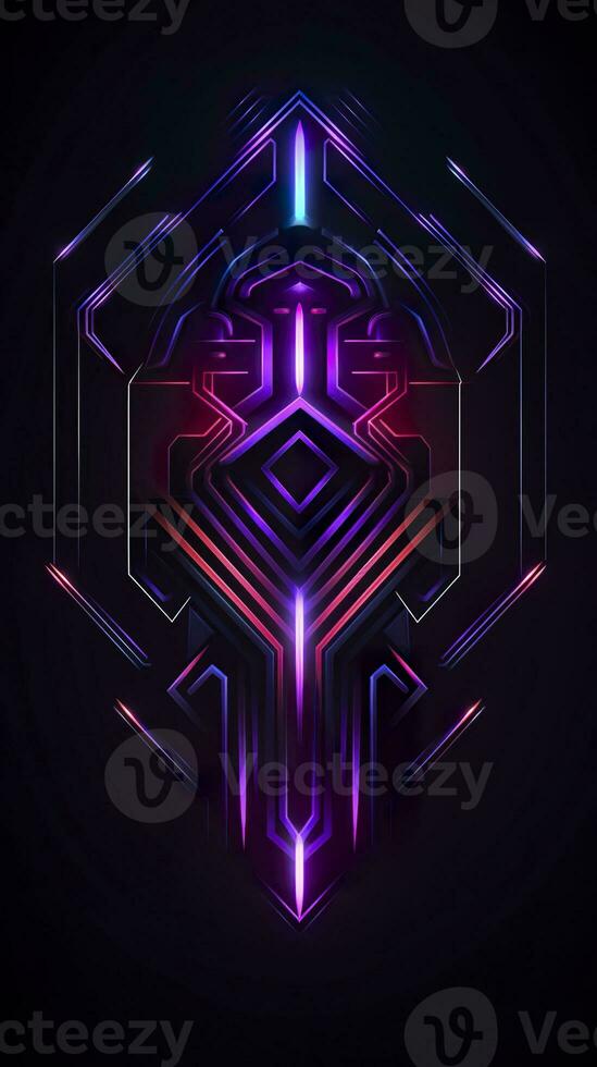 AI generated Amethyst 3D Minimalist Shield Design with a black or dark background with neon lines. AI Generative photo