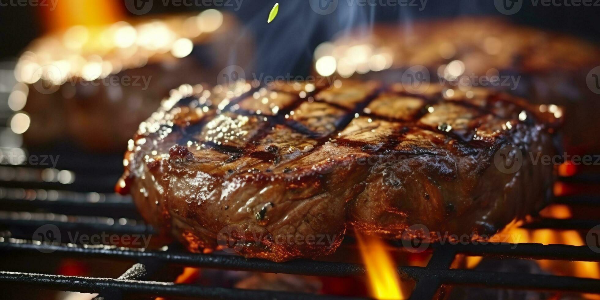 AI generated Beef ribeye steak grilling on a flaming grill. Generative AI photo