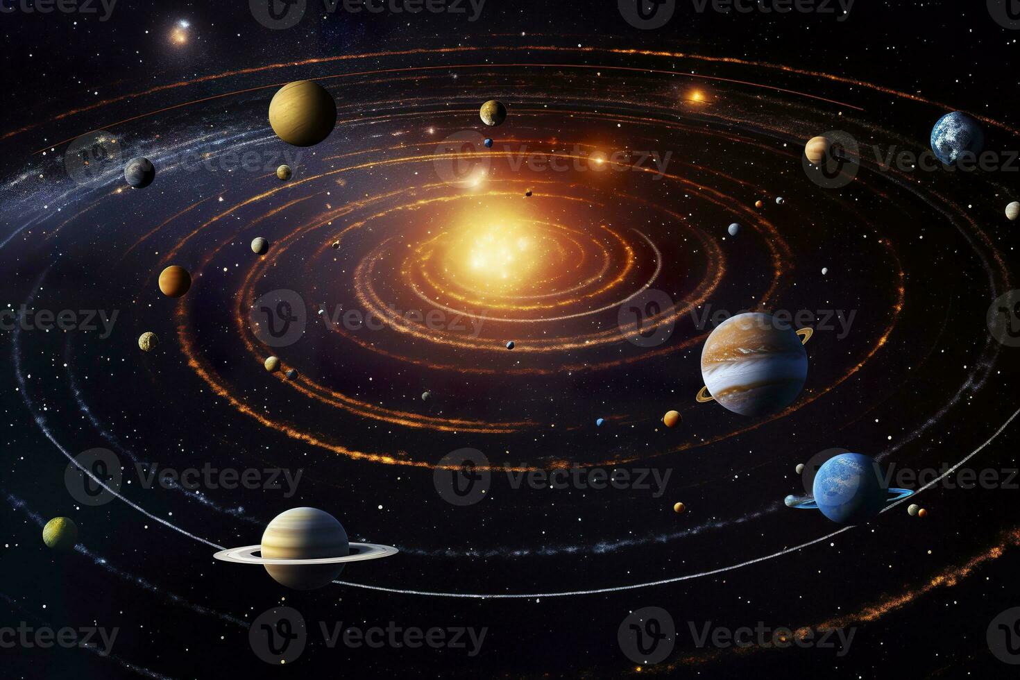 AI generated Our 3d Solar system with planets in orbits path. AI Generative photo