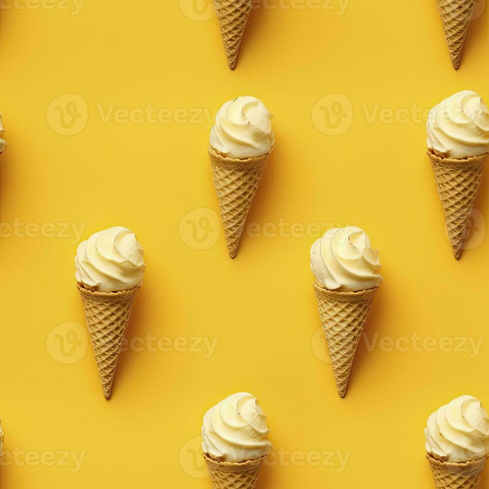 AI generated Ice Cream pattern on yellow background, top view. AI Generated photo