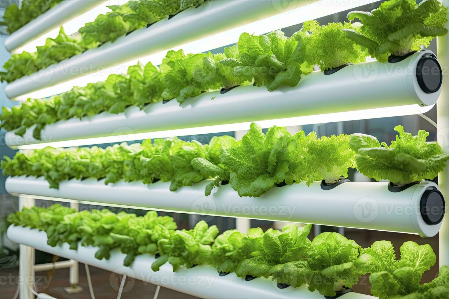 AI generated Vertical Hydroponic Plant System With Cultivated Lettuces. AI Generated photo