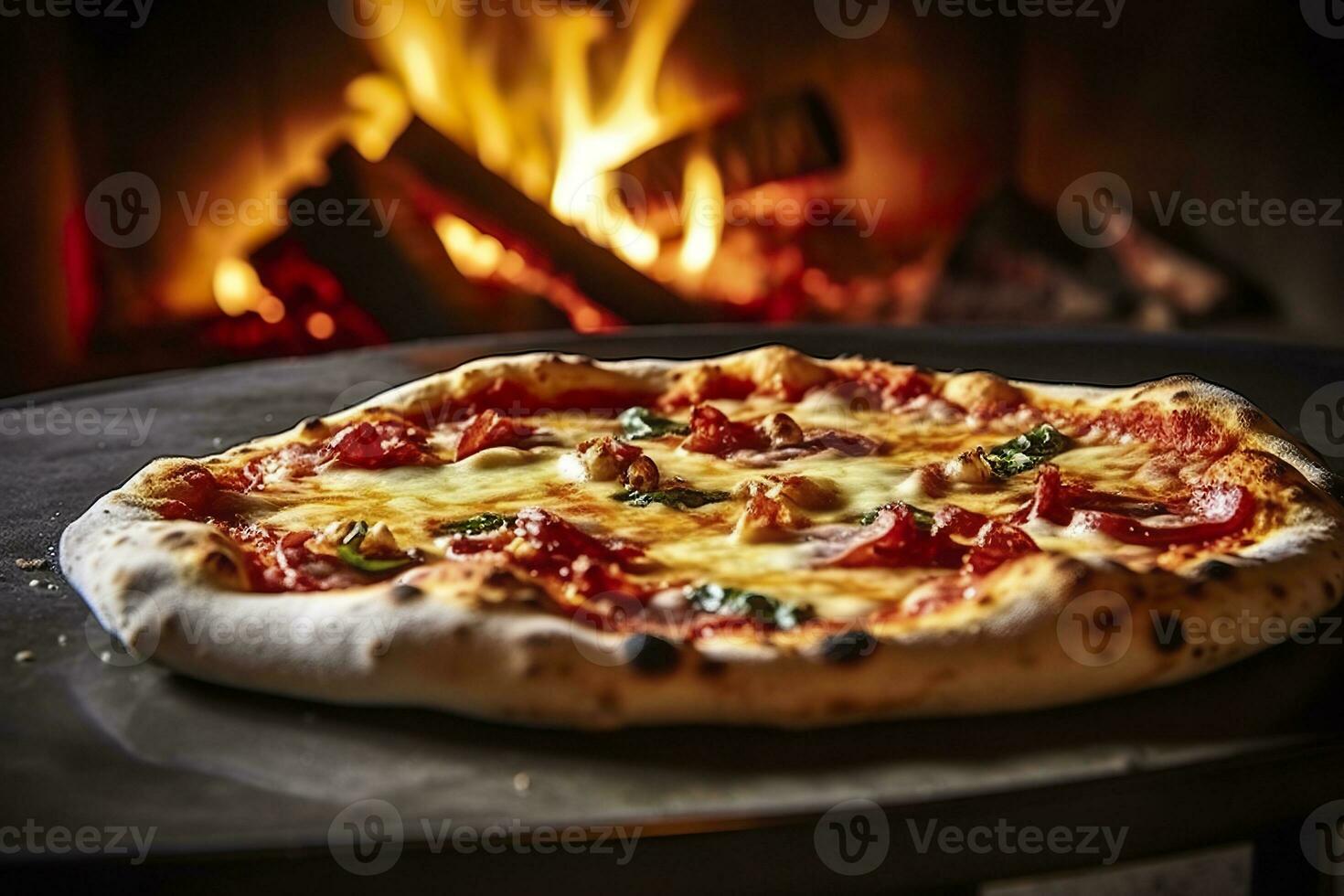 AI generated Freshly baked pizza closeup, traditional wood fired oven background. AI Generated photo