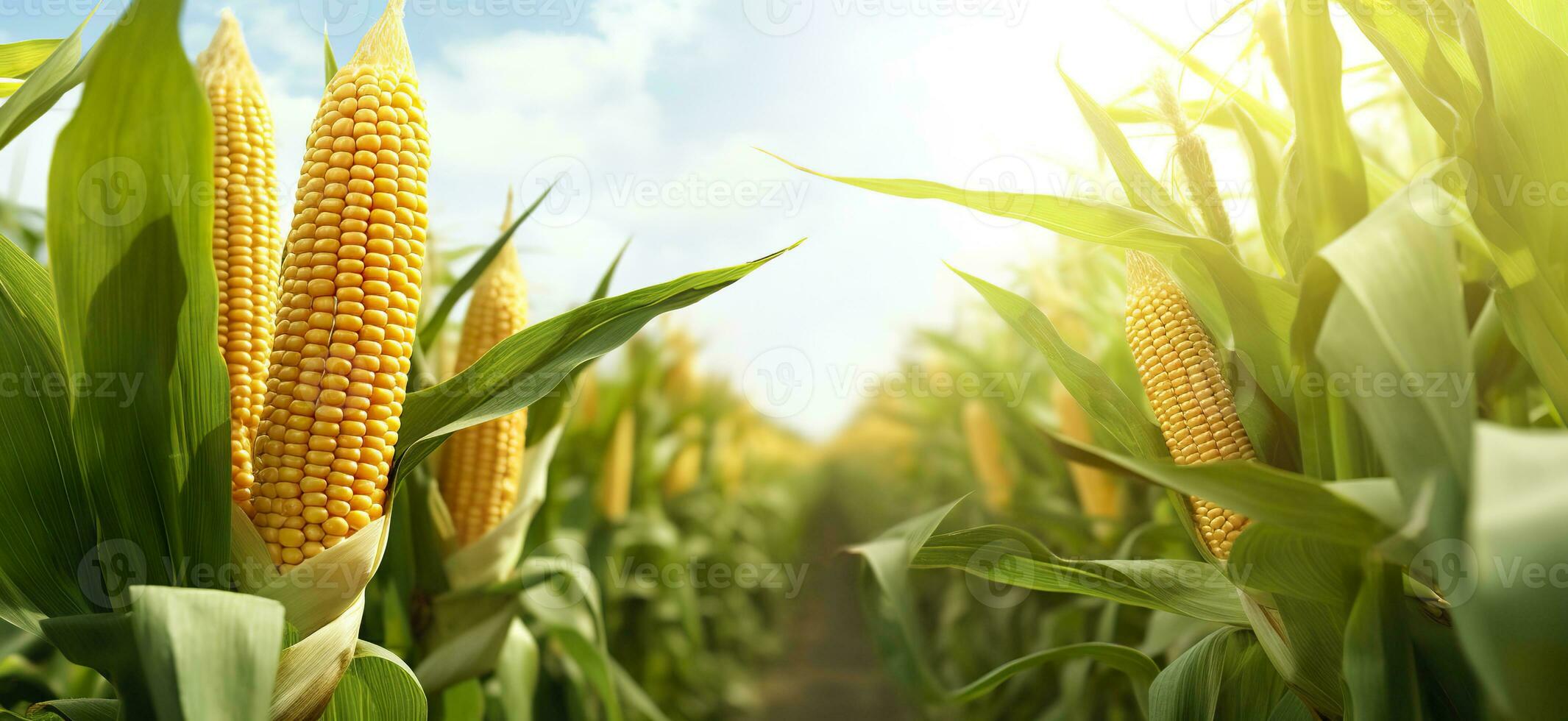 AI generated Closeup corn cobs in corn plantation field. Generative AI photo