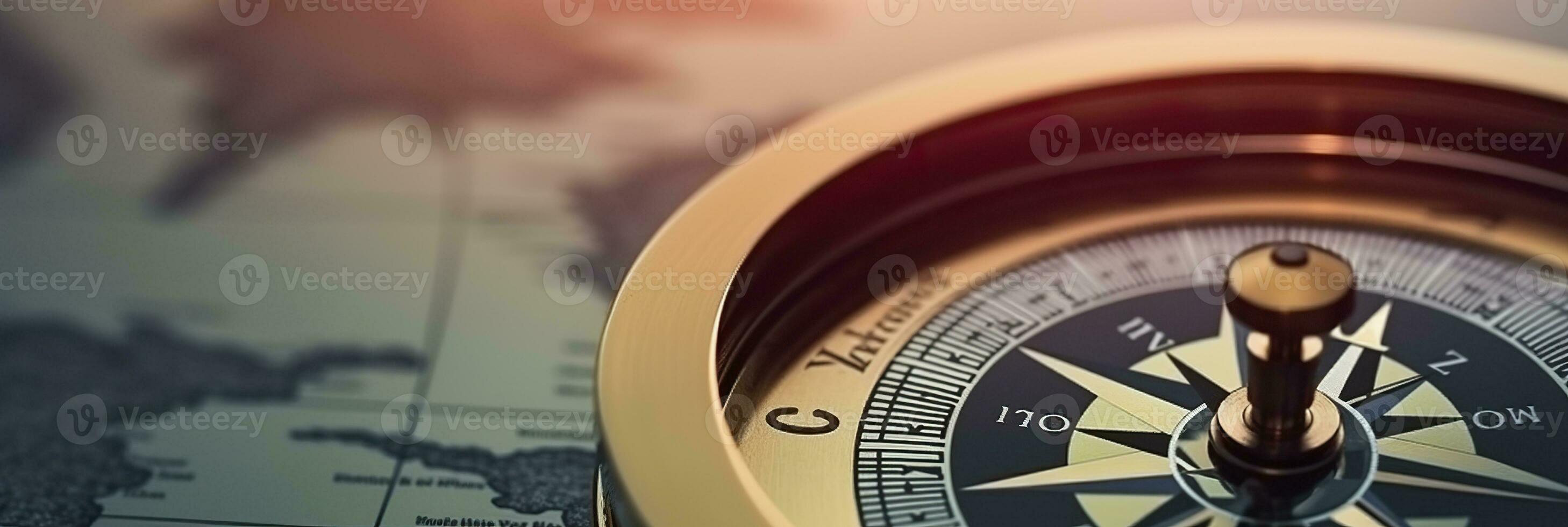 AI generated Magnetic compass and location marking with a pin on routes on world map. AI Generated photo