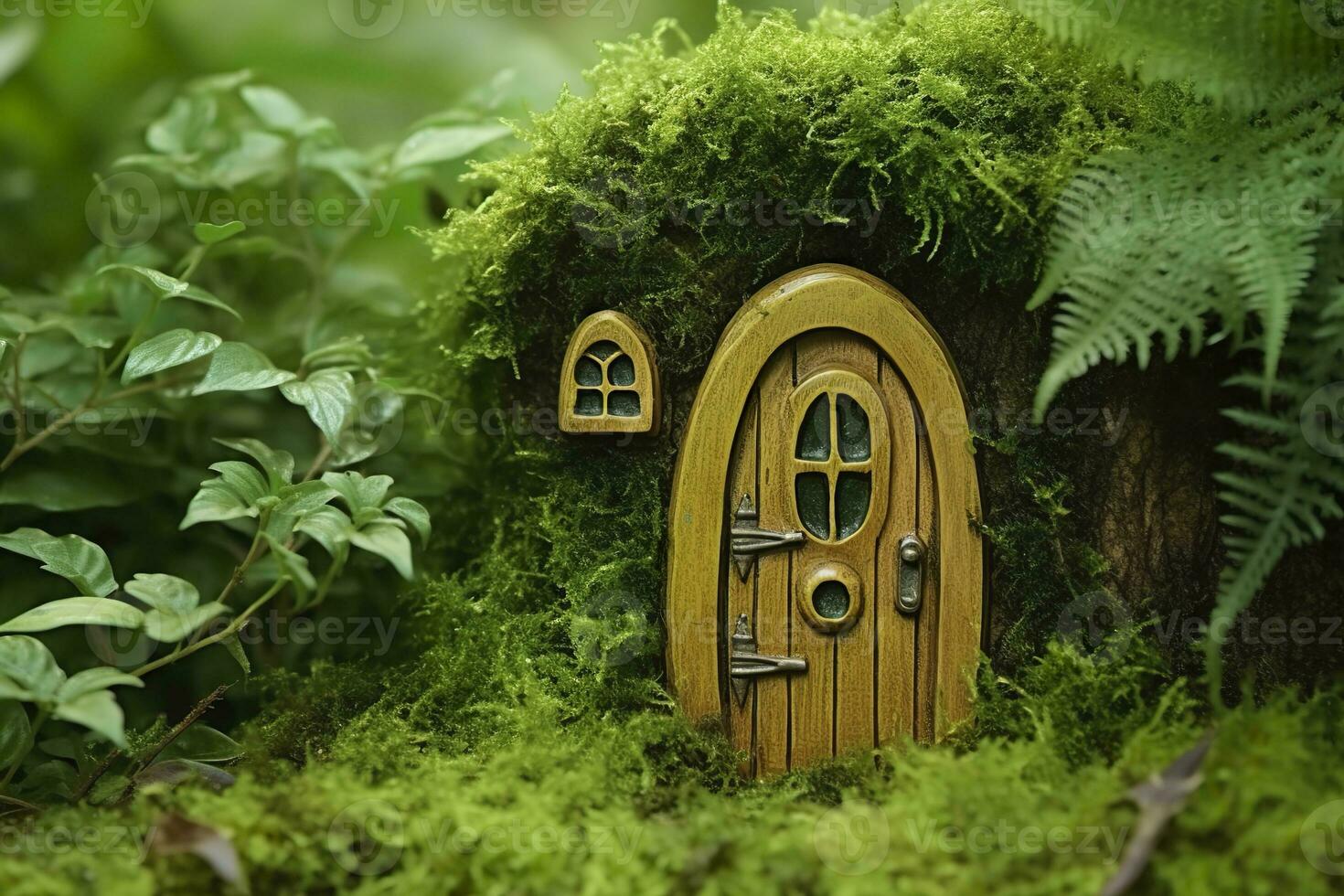 AI generated Little magic wooden fairy doors and plants leave on a mossy natural green background. AI Generated photo