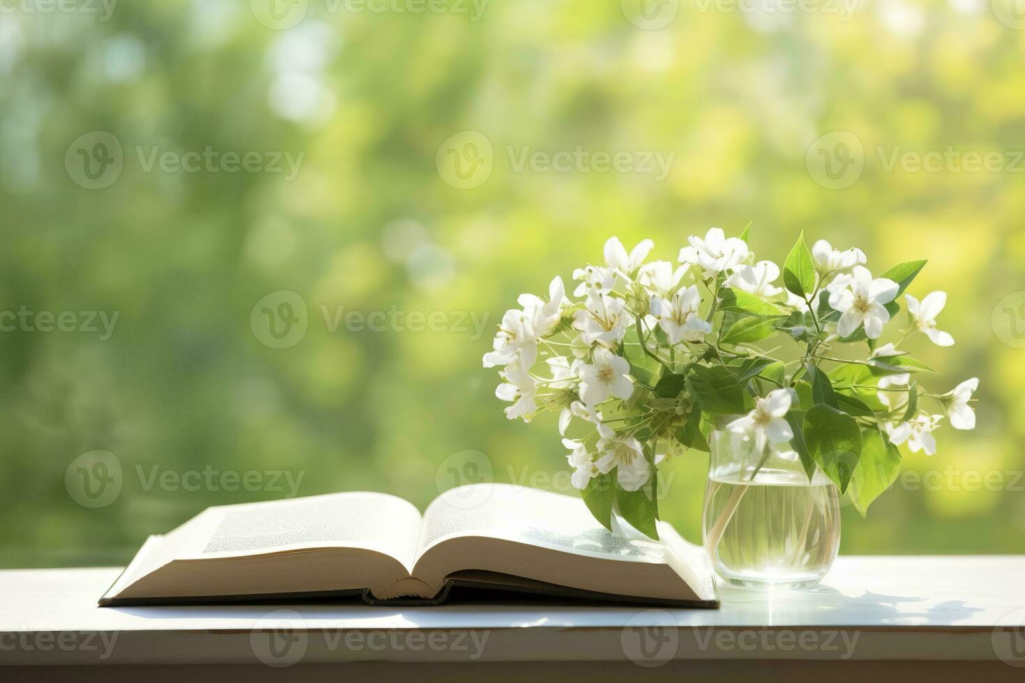 AI generated Jasmine flowers in a vase and open book on the table, green natural background. AI Generated photo
