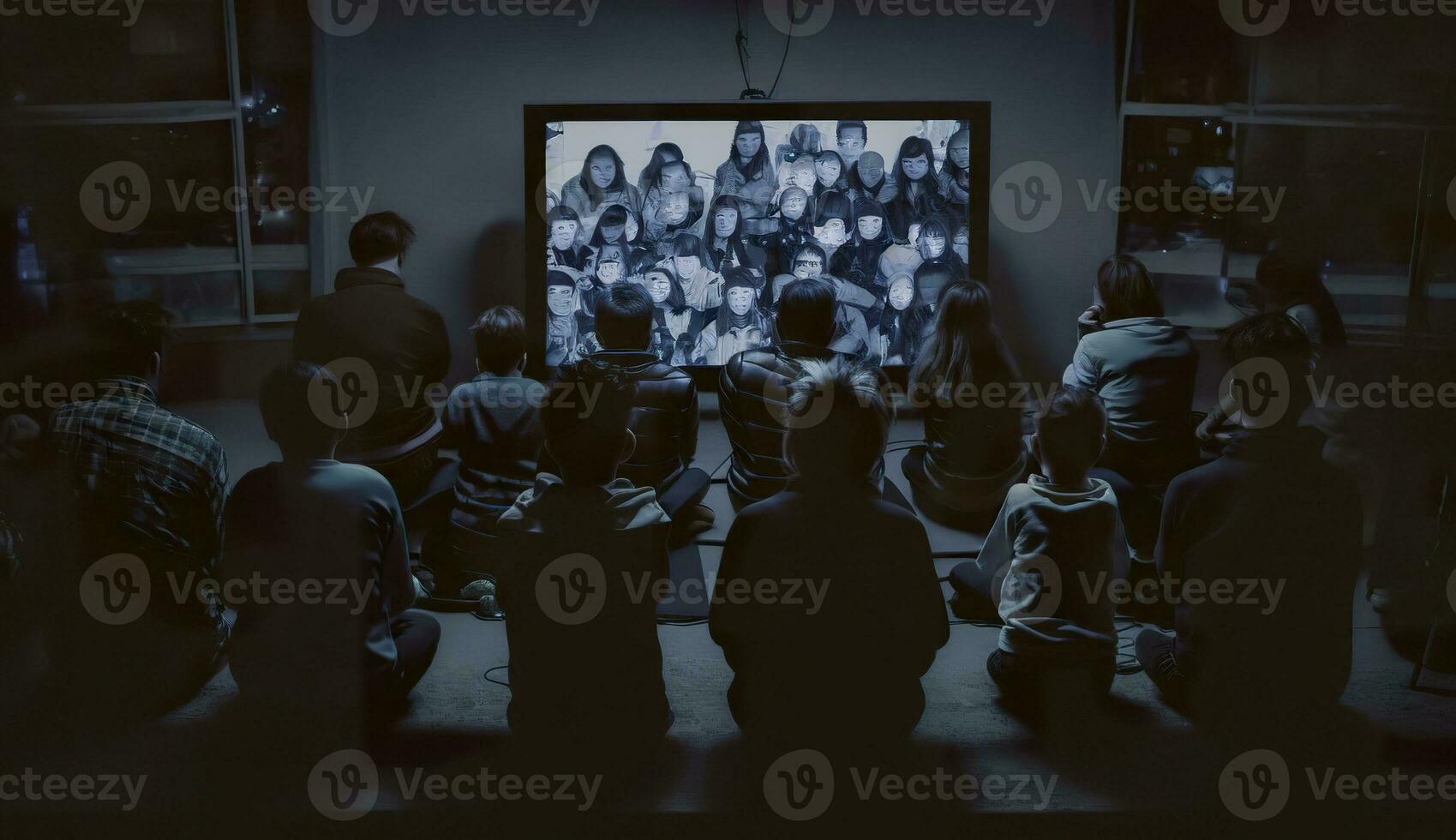 AI generated People crowd watching TV. TV addiction, propaganda and fake news concept. Generative AI photo