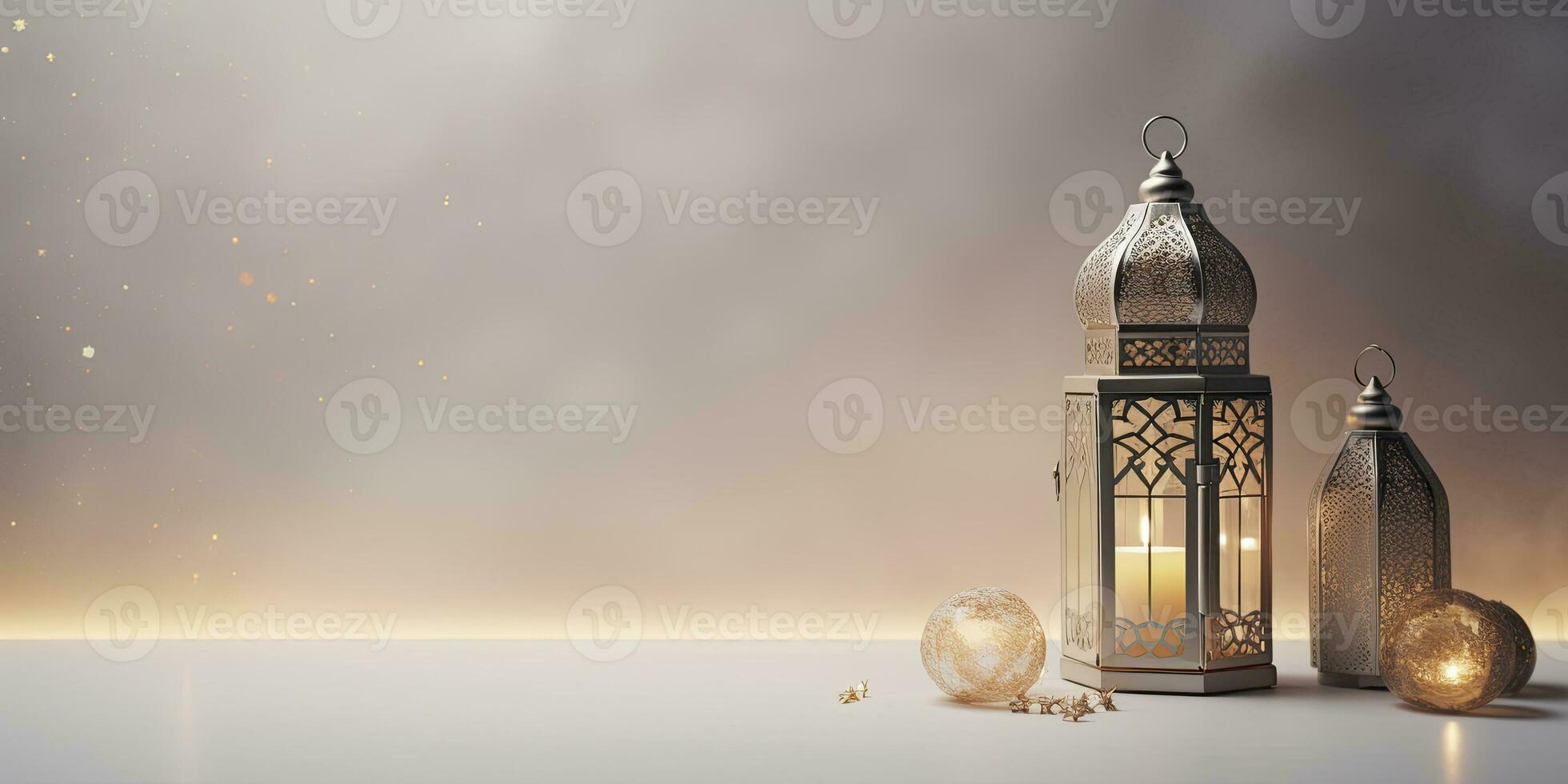 AI generated Celebration of islamic eid mubarak and eid al adha lantern in a light background. AI Generated photo