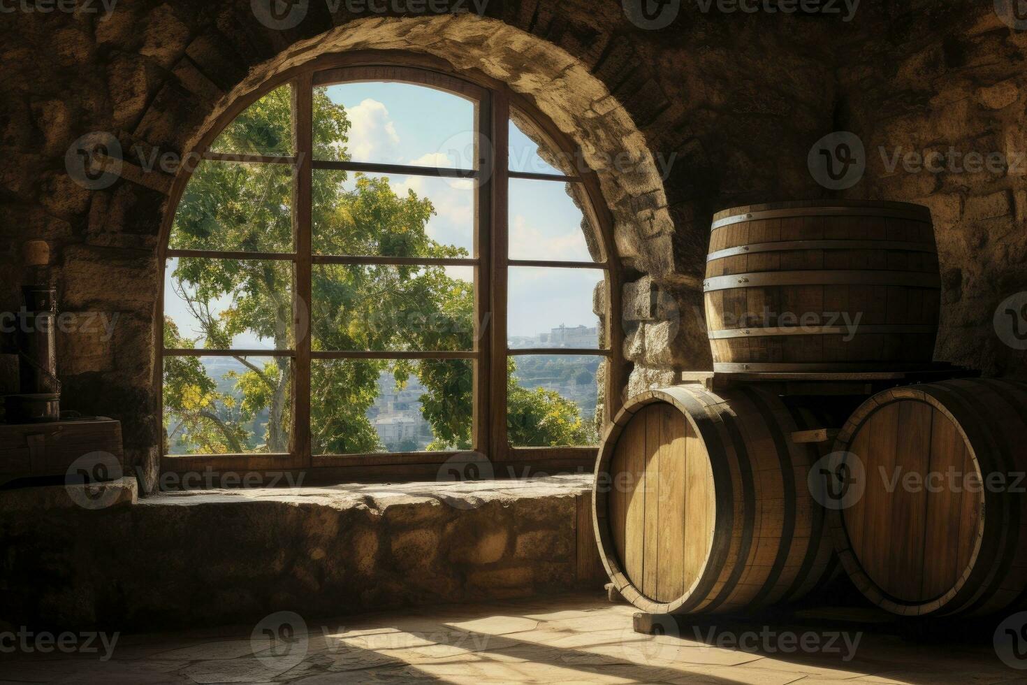 AI generated Barrel in an ancient castle beside the window. AI Generated photo