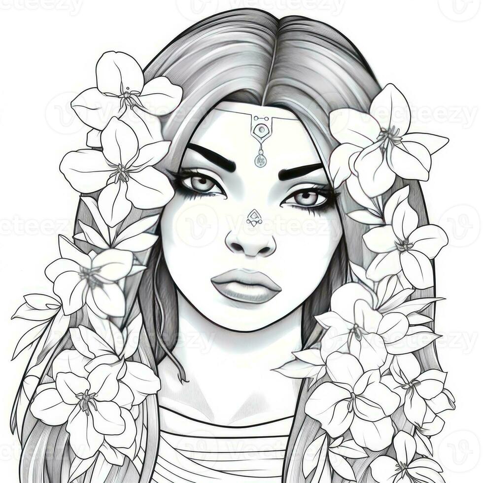 AI generated A girl on a coloring book page with Jasmine flowers. AI Generated photo
