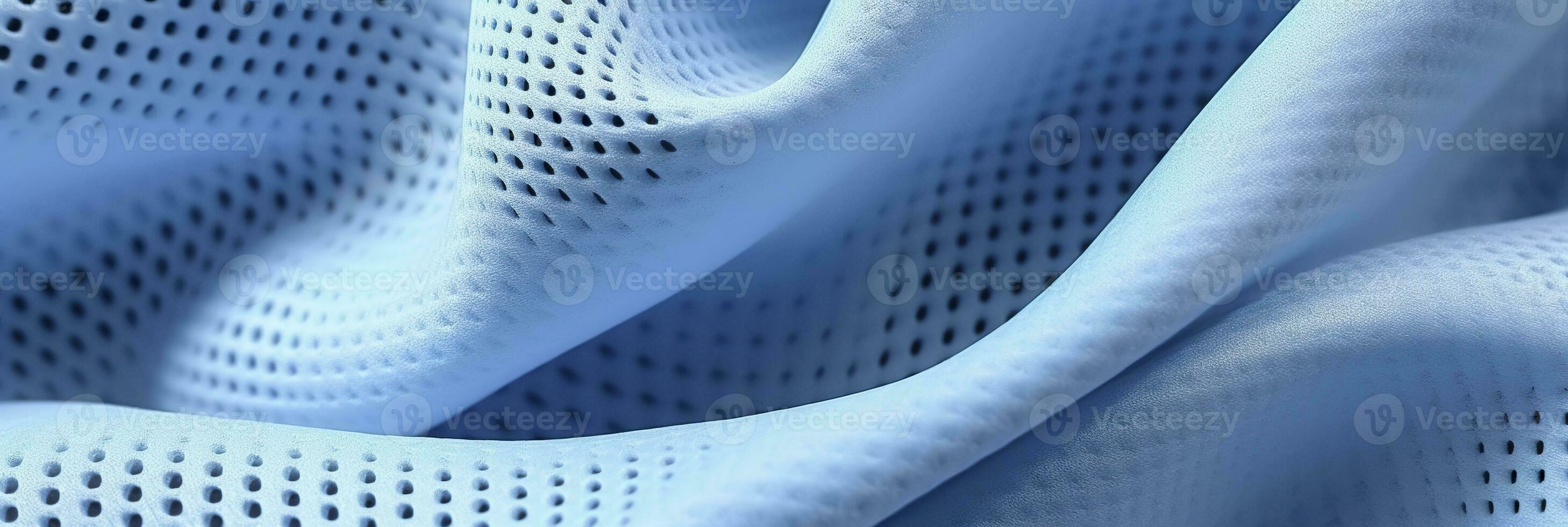 AI generated Breathable fabric dry light blue soft mesh holes floating light blue background. Generative AI photo