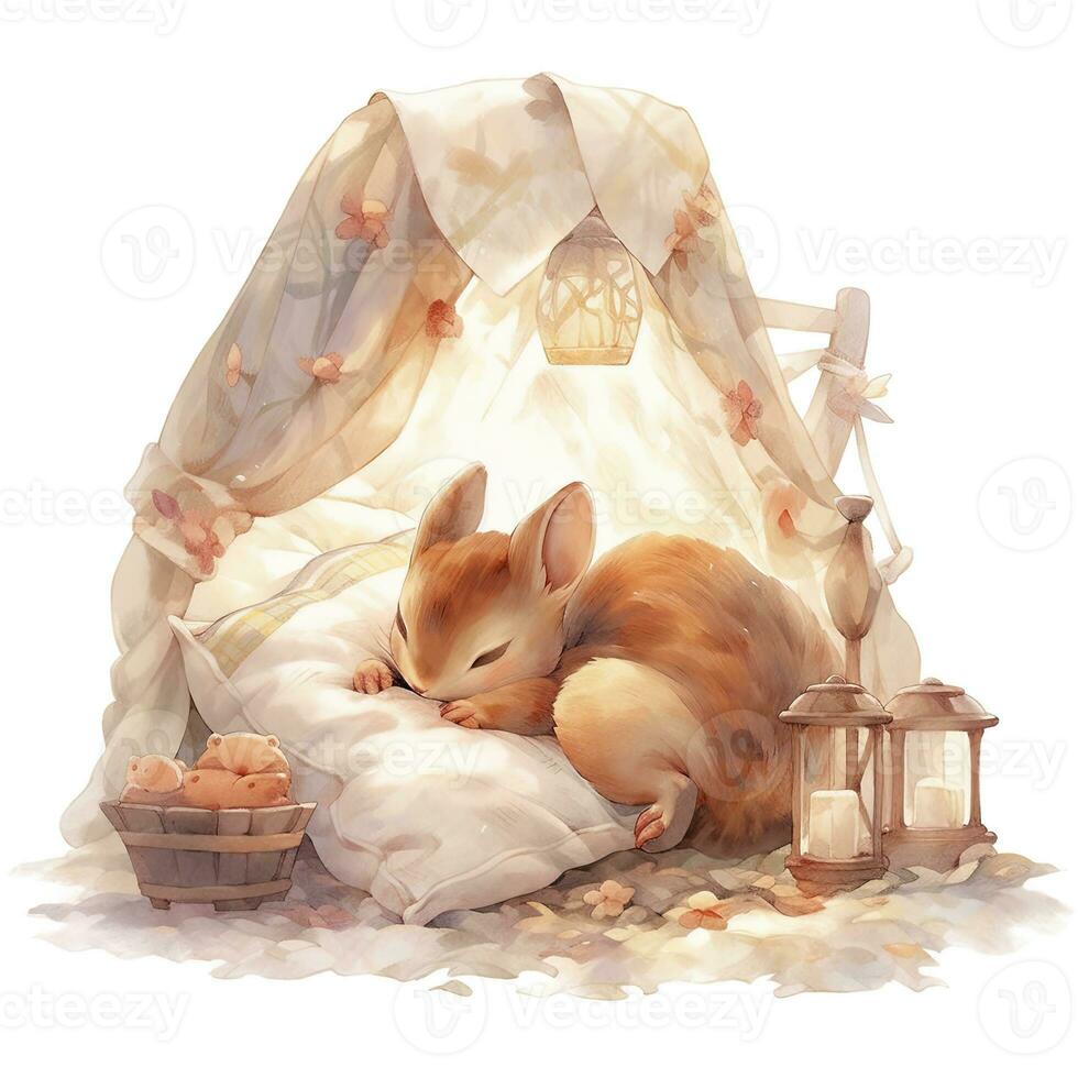 AI generated A sleepy baby squirrel in a bedding. watercolor illustration. AI Generated photo