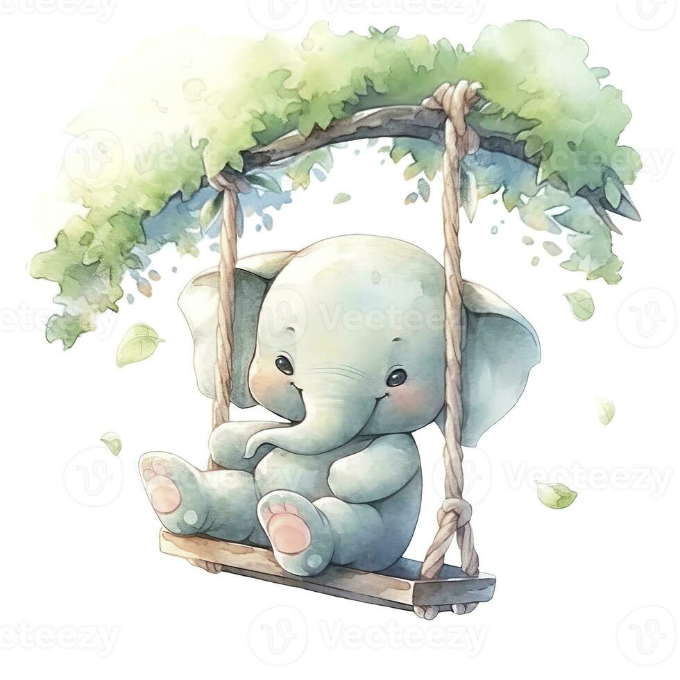 AI generated Cute happy baby elephant on swings in the tree in watercolor. AI Generated photo