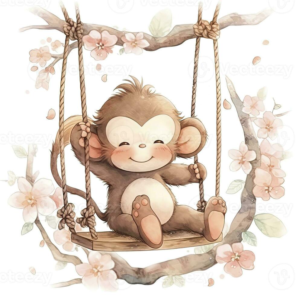 AI generated Cute happy baby monkey on swings on a tree in watercolor. AI Generated photo