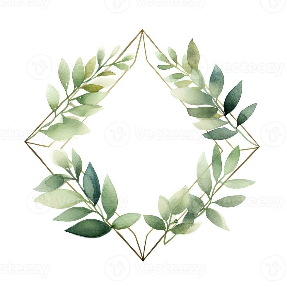 AI generated Watercolor geometry shape wreath with green leaf. AI Generated photo