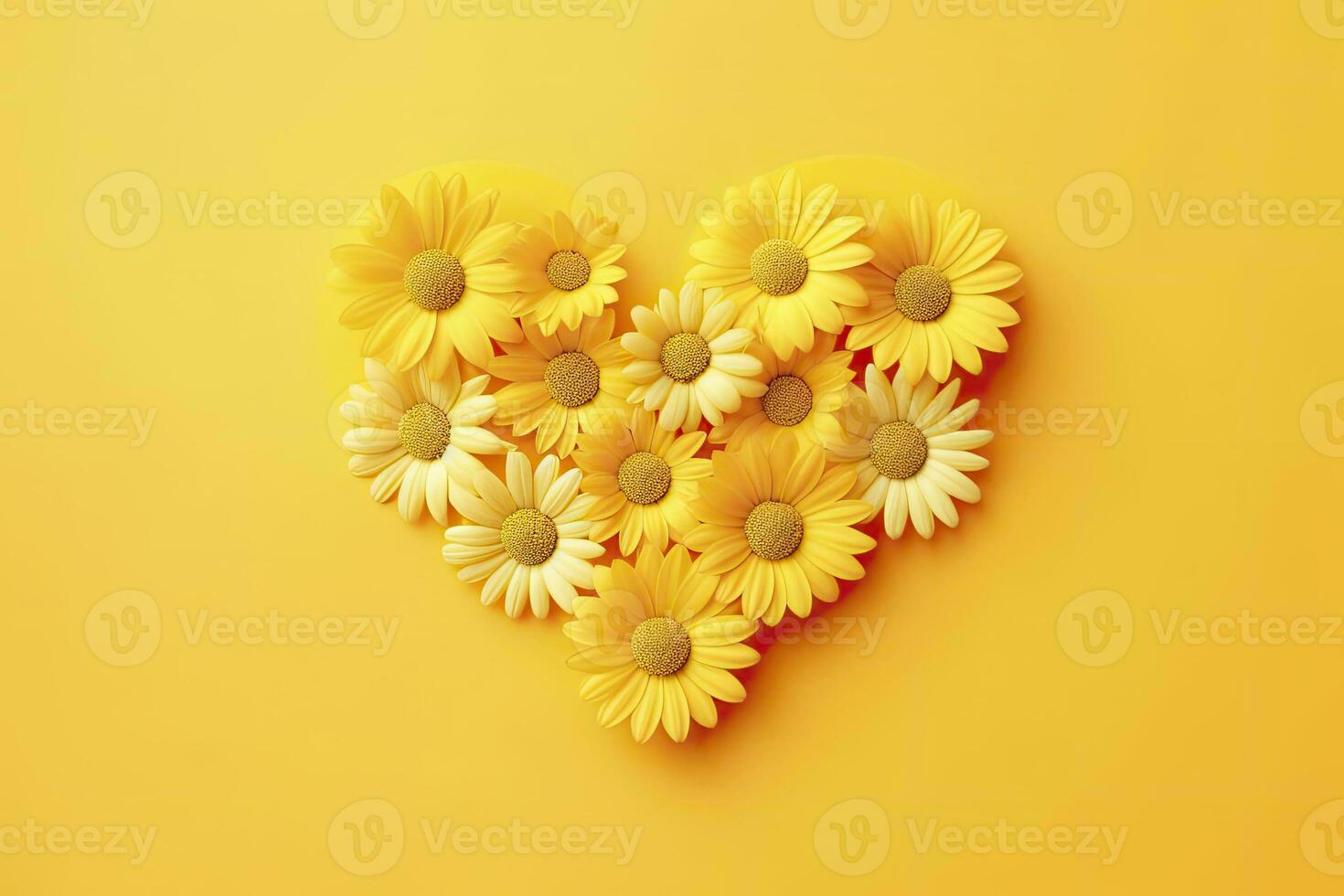 AI generated Yellow Heart Shaped By Yellow Daisies Over Yellow Background. AI Generated photo