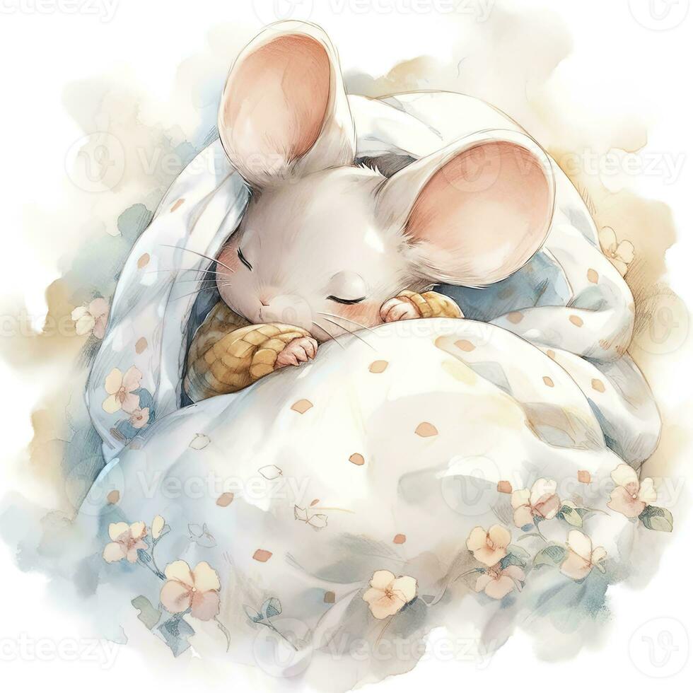 AI generated A sleepy baby mouse in a bedding, watercolor illustration.  AI Generated photo