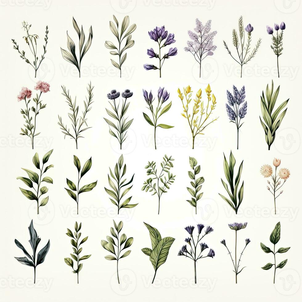 AI generated Collection of watercolor herbs clipart on white background. AI Generated photo
