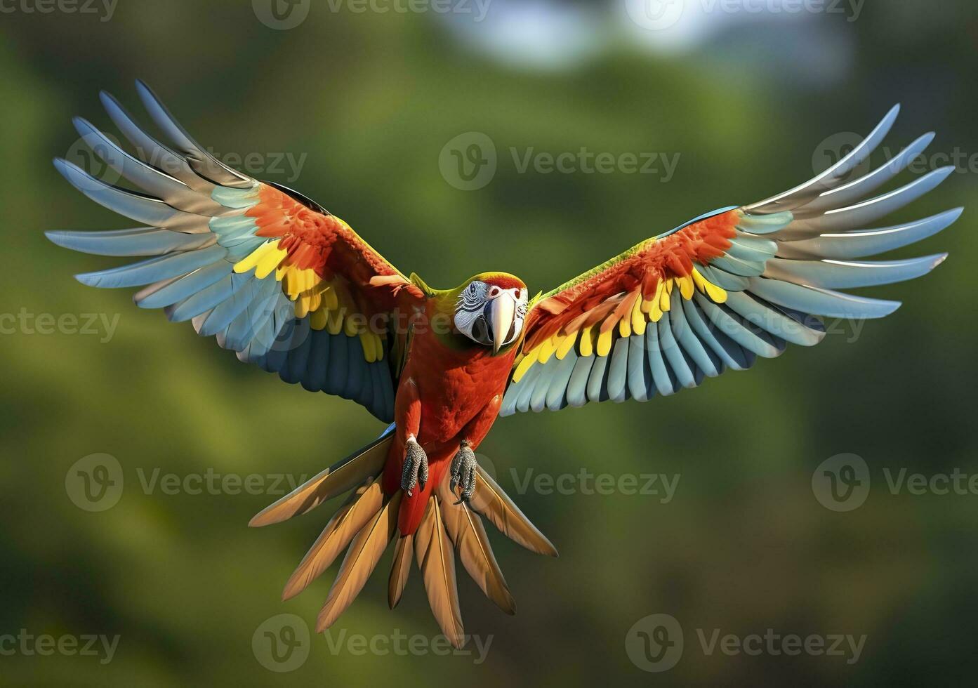 AI generated Flying macaw, beautiful bird. Generative AI photo