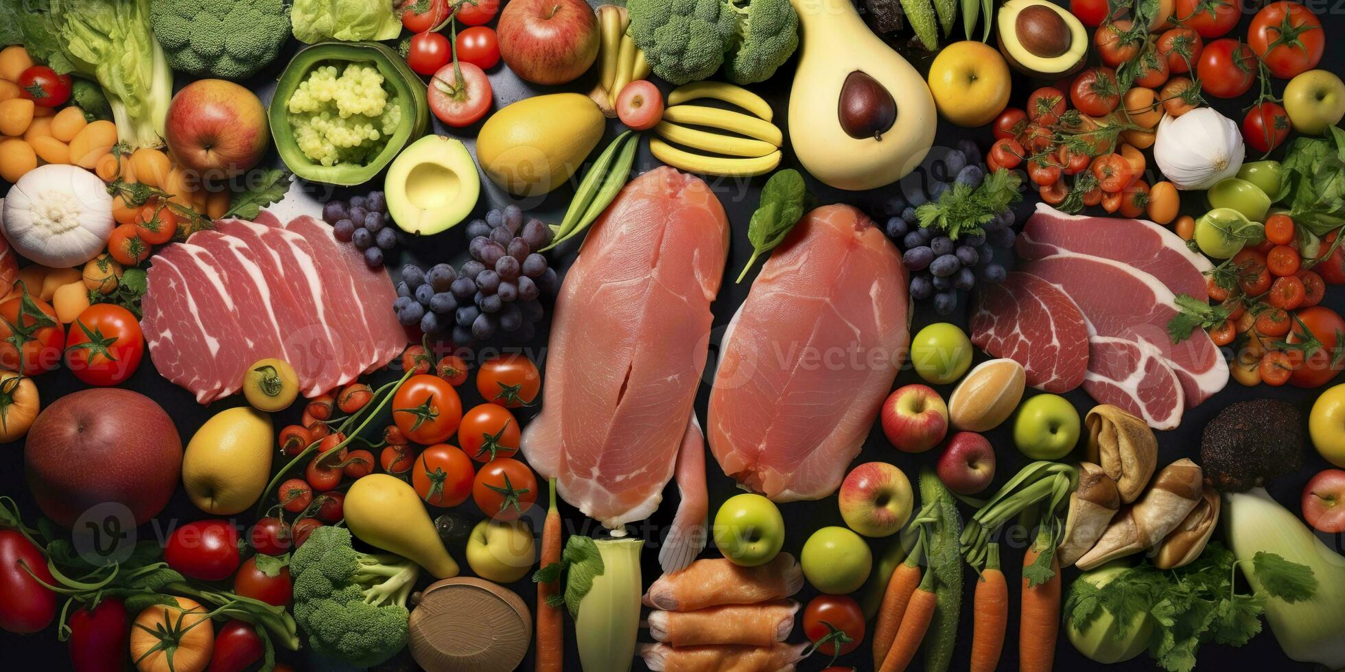 AI generated Different types of meats, vegetables, and fruits lay in supermarkets. Generative AI photo