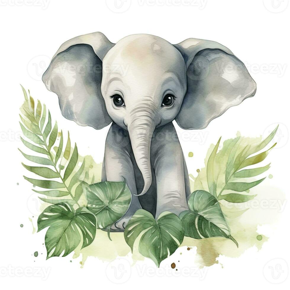 AI generated Happy cute baby elephant in green leaves in the watercolor style. AI Generated photo