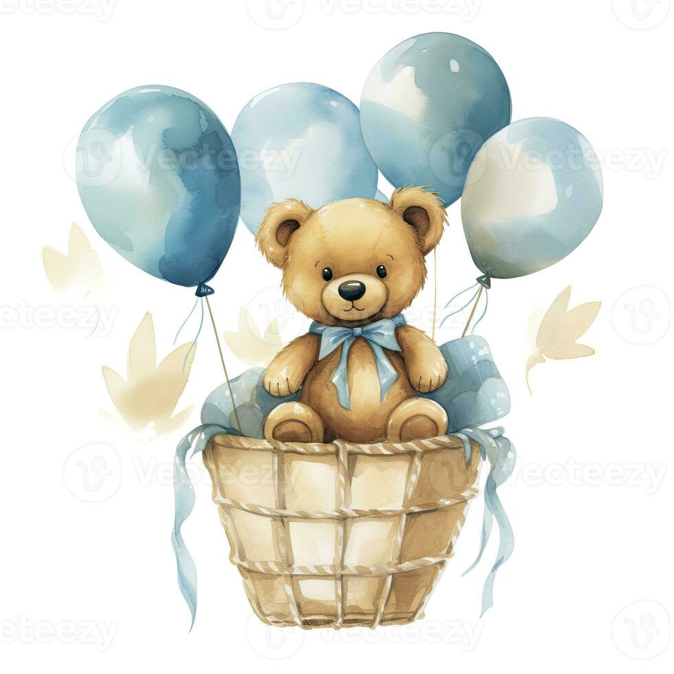 AI generated A watercolor baby teddy bear is sitting in the basket with blue and gold balloons. AI Generated photo