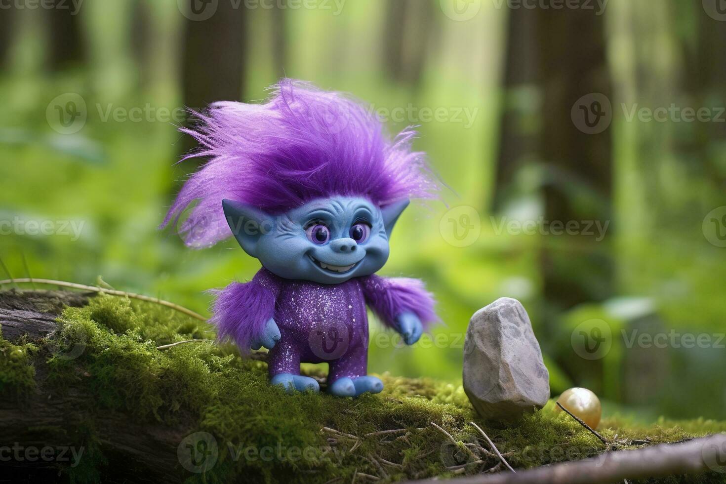 AI generated Tale troll with crystals in the forest, natural green background. Generative AI photo