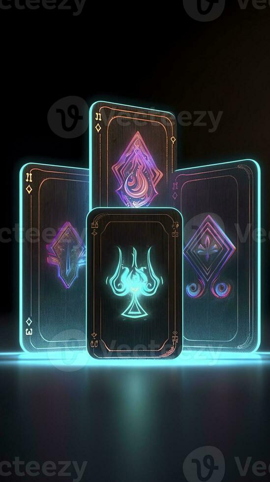 AI generated Some playing cards with glowing neon designs on a tablet. Generative AI photo