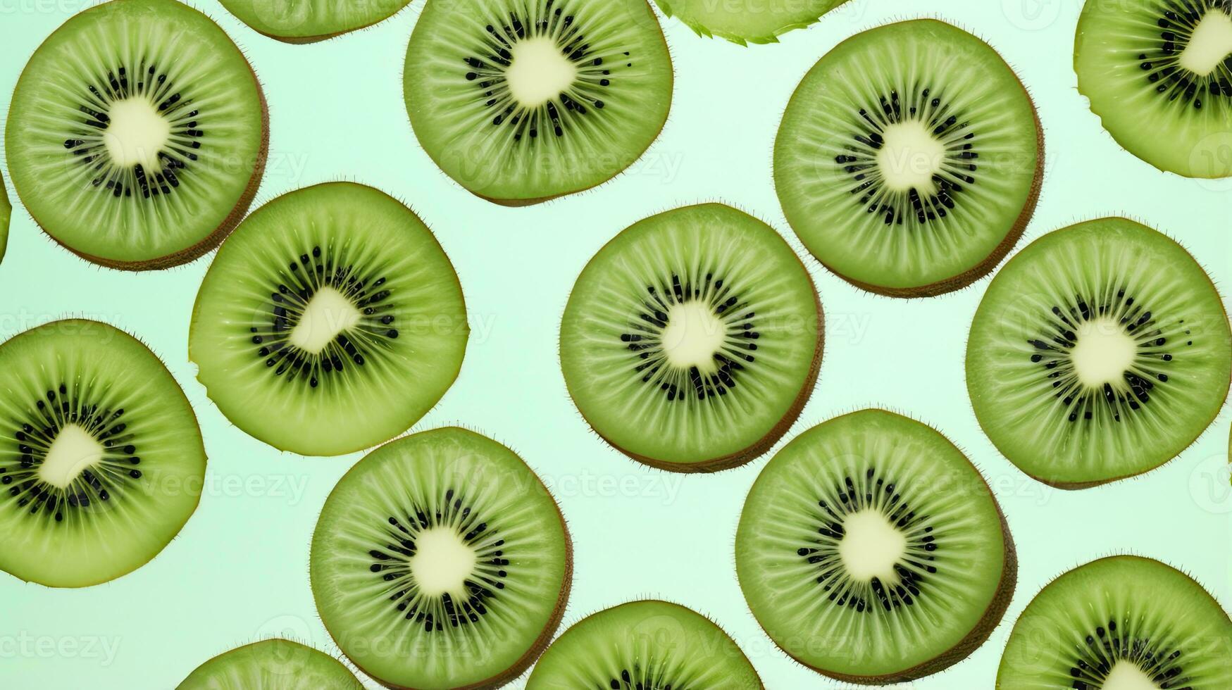 ai generado rebanadas de kiwi Fruta y verde menta hojas en un ligero pastel azul antecedentes. ai generado foto