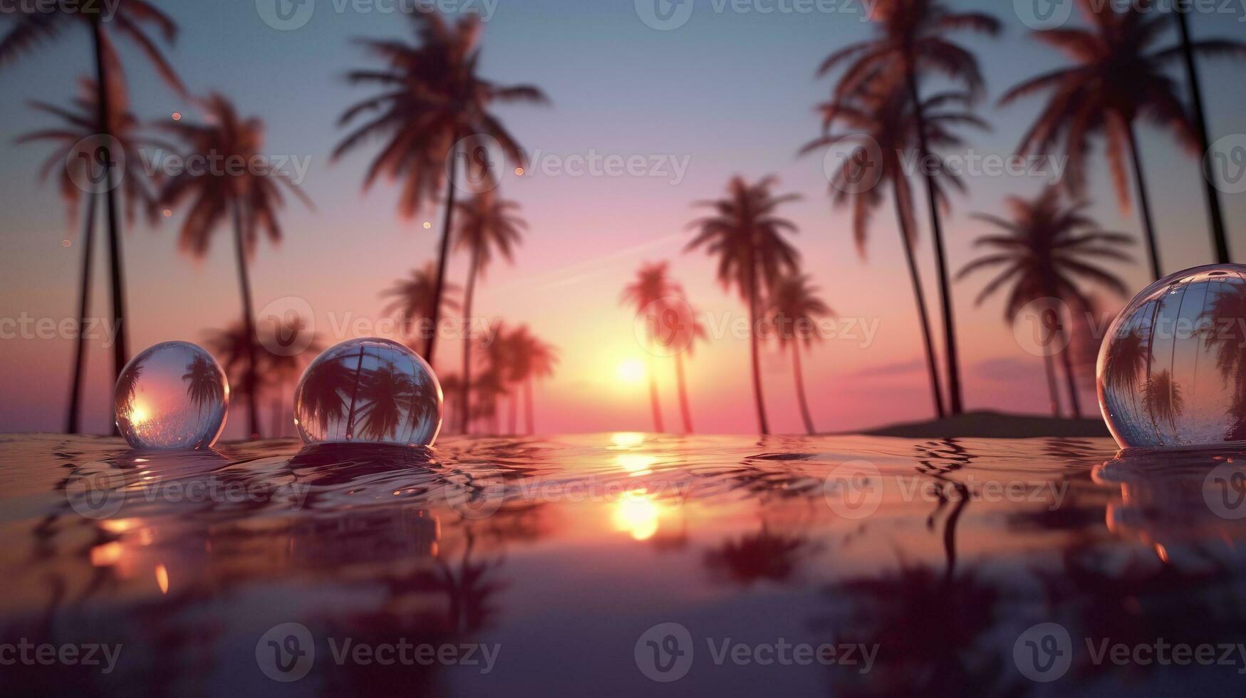 AI generated Beach with waves and coconut trees at sunset. Generative AI photo