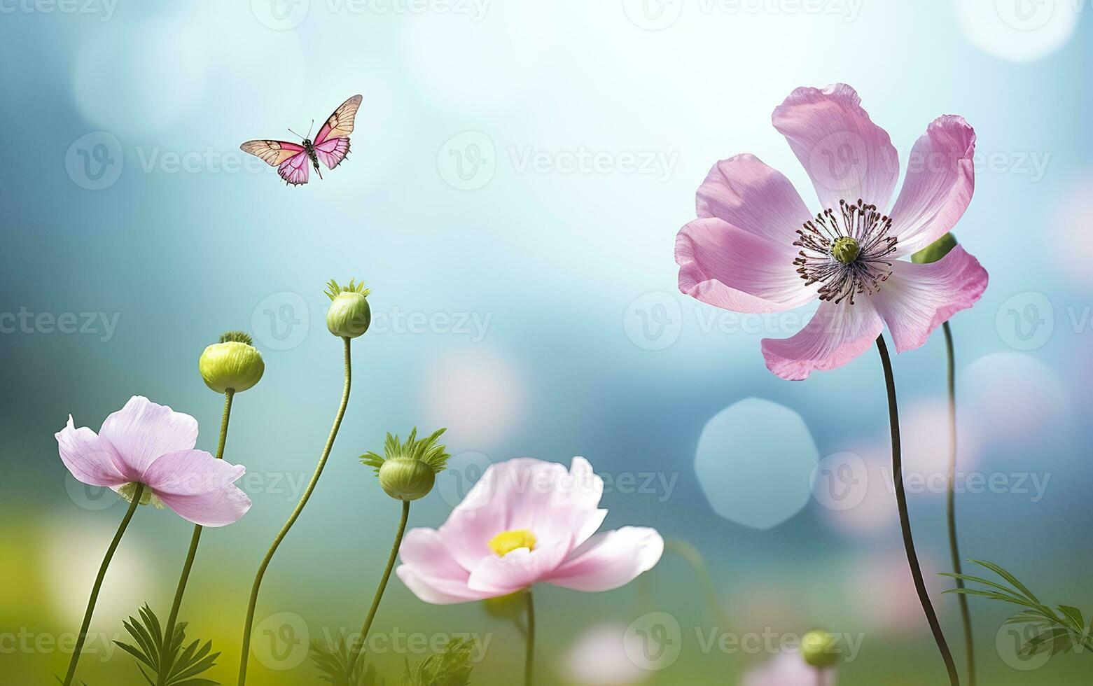 ai generado Fresco primavera Mañana en naturaleza y revoloteando mariposas en un suave verde antecedentes. generativo ai foto