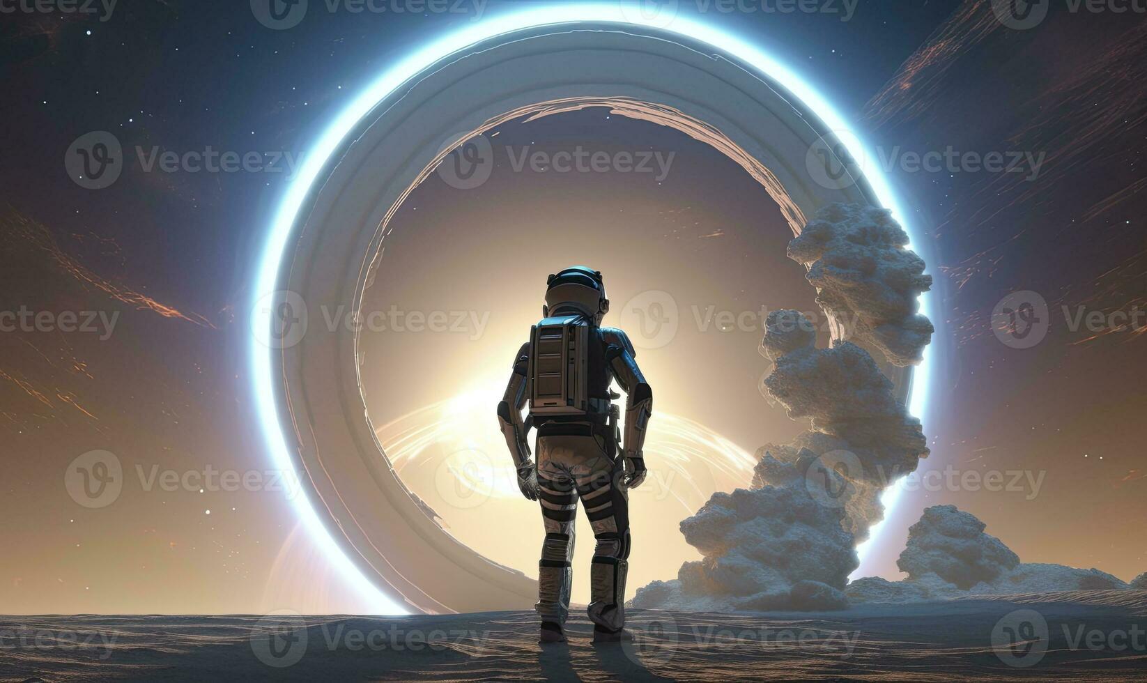 AI generated Astronaut in front of dimensional portal.  AI Generated. photo