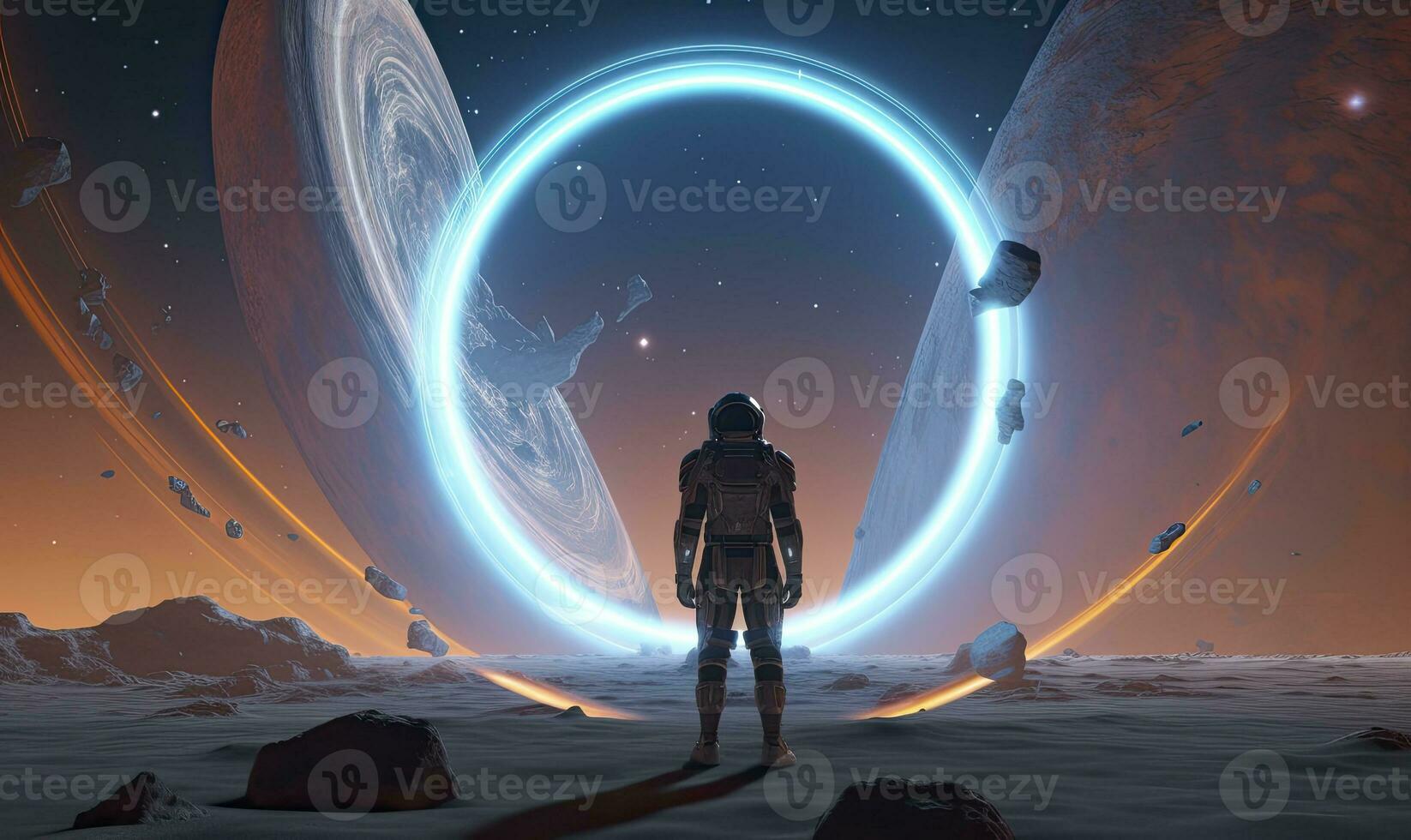 AI generated Astronaut in front of dimensional portal.  AI Generated. photo