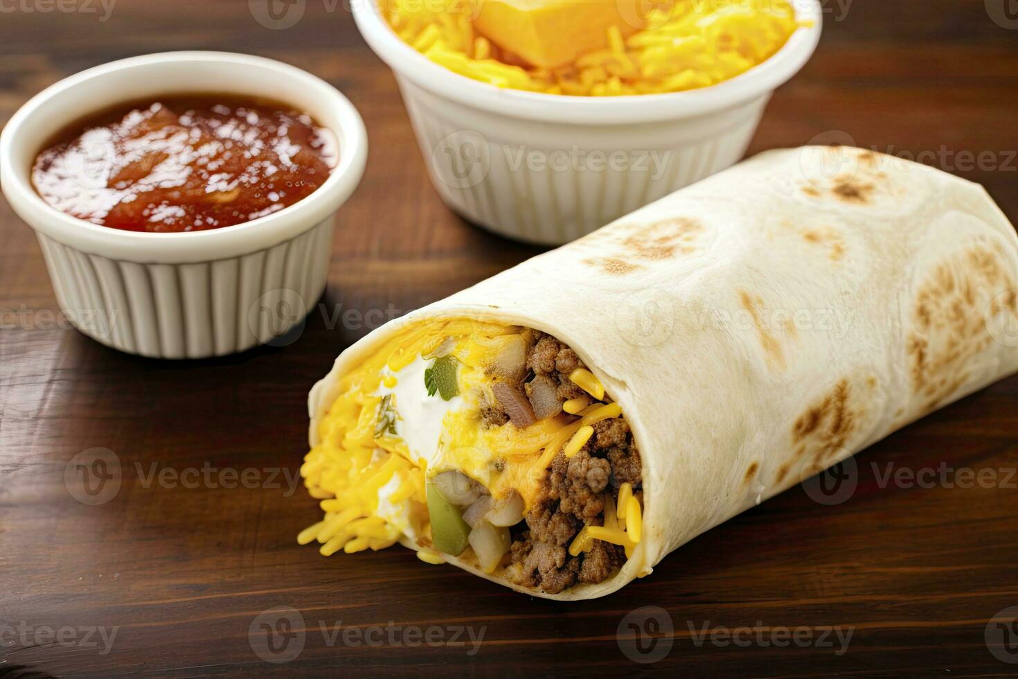 AI generated Breakfast burrito with sausage, eggs, hashbrown and cheese. AI Generated photo