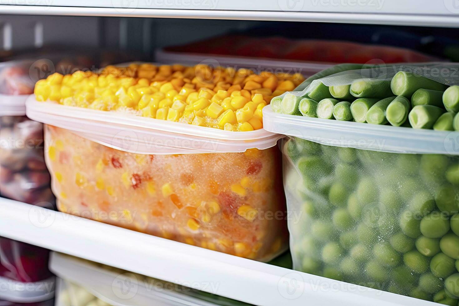 AI generated Frozen food in the freezer. Frozen vegetables. AI Generated photo