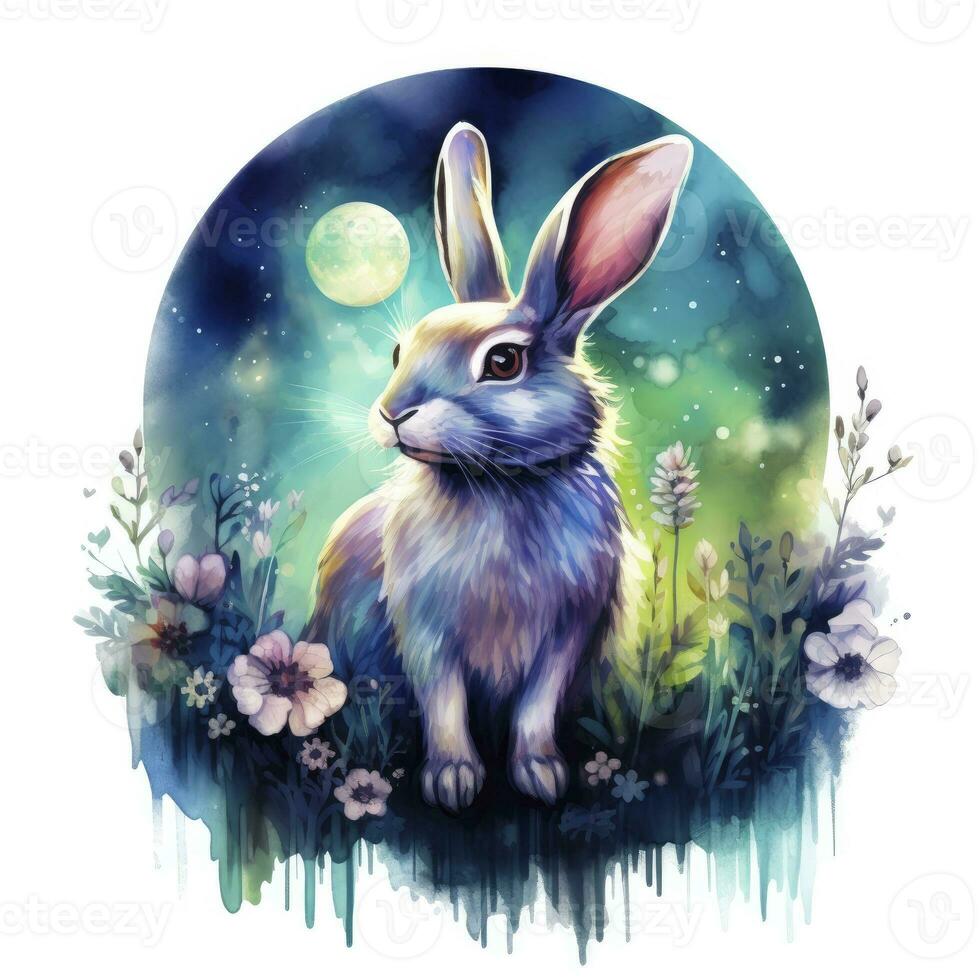 AI generated Watercolor Rabbit and Glowing Moon for T-shirt Design. AI Generated photo