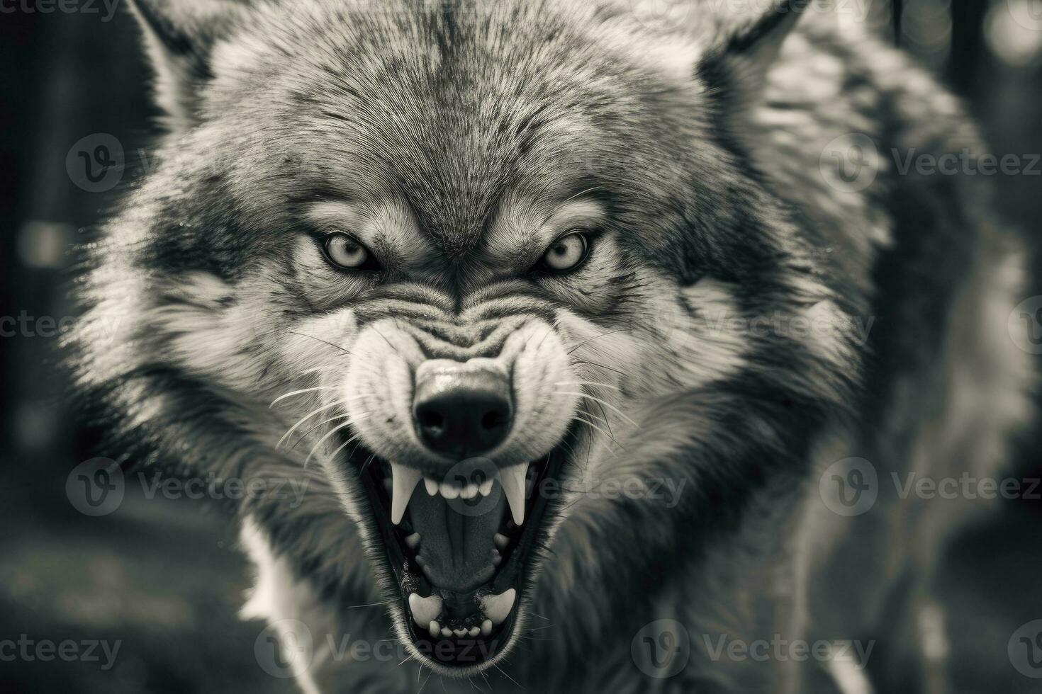 AI generated Greyscale closeup shot of an angry wolf with a blurred background. AI Generated photo