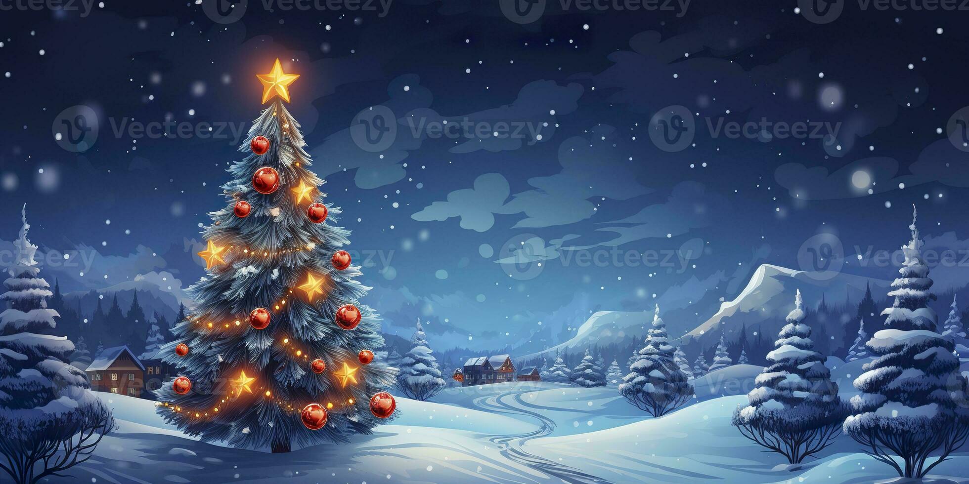 AI generated House with Christmas tree in winter for Merry Christmas and Happy New Year. AI Generated photo