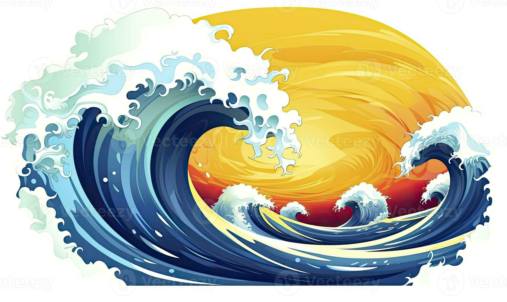 AI generated Ocean wave sun clouds, blue yellow abstract ocean wave. AI Generated. photo