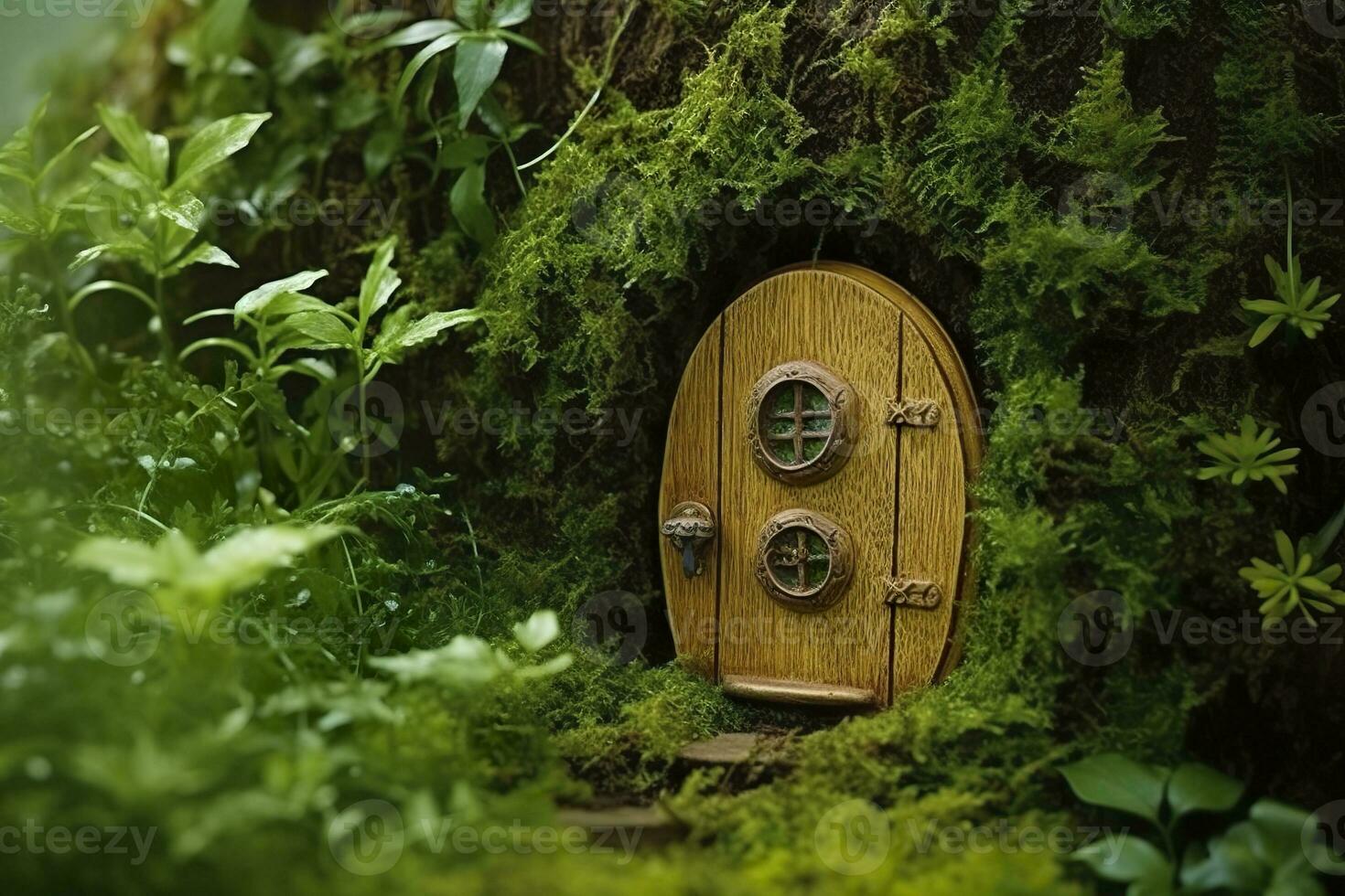 AI generated Little magic wooden fairy doors and plants leave on a mossy natural green background. AI Generated photo