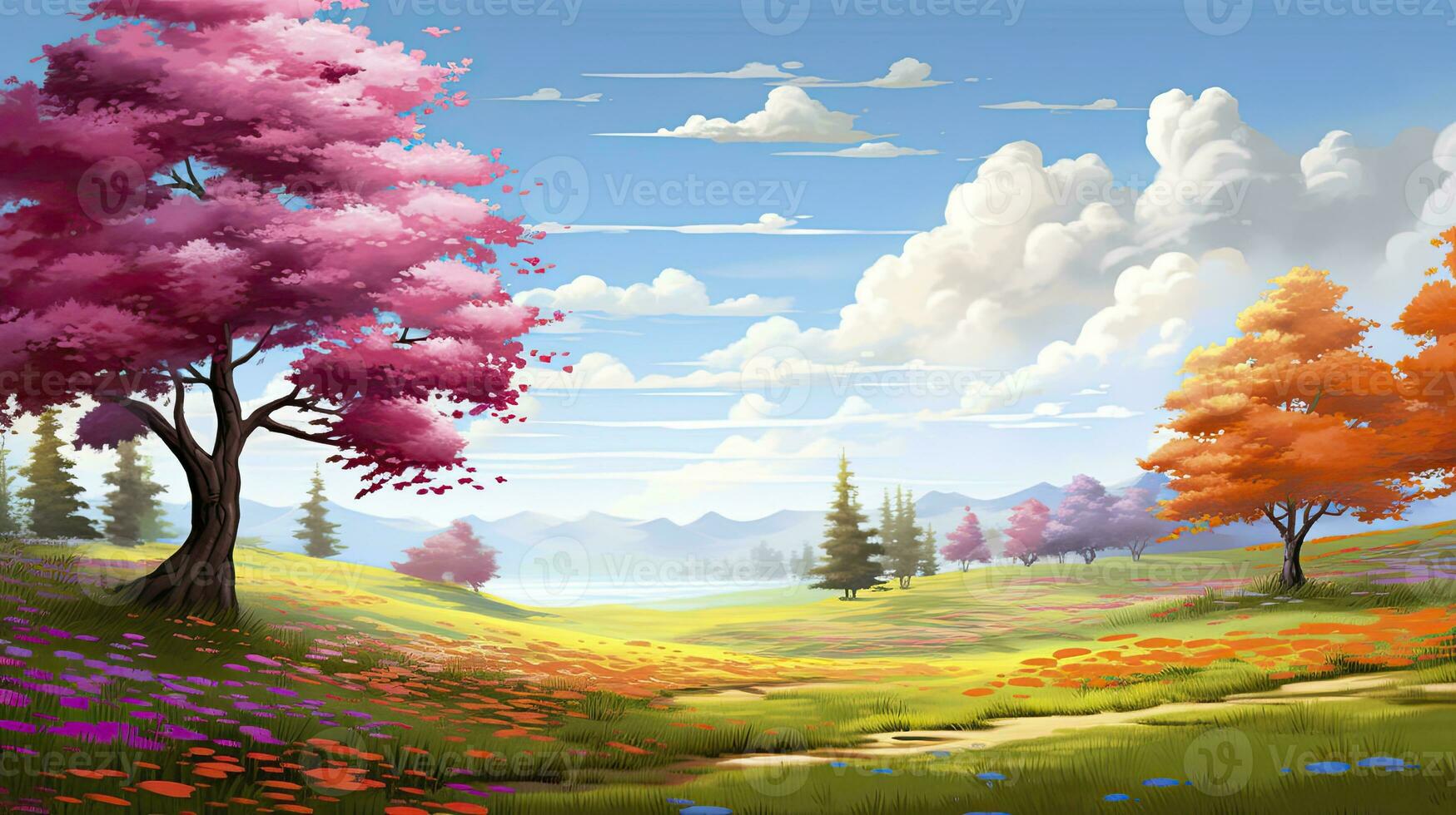 AI generated Spring season with colorful flowers and trees in a pretty meadow or field. AI Generated. photo